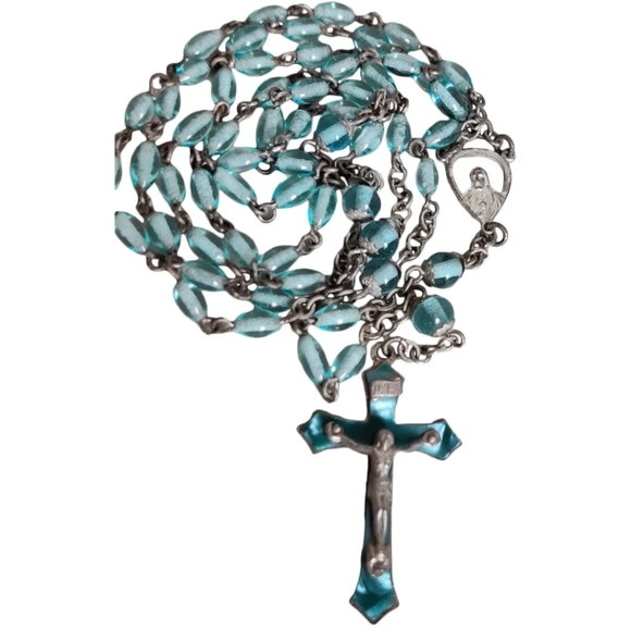 Vintage Blue Glass Rosary Enamel Crucifix INRI - Picture 3 of 13
